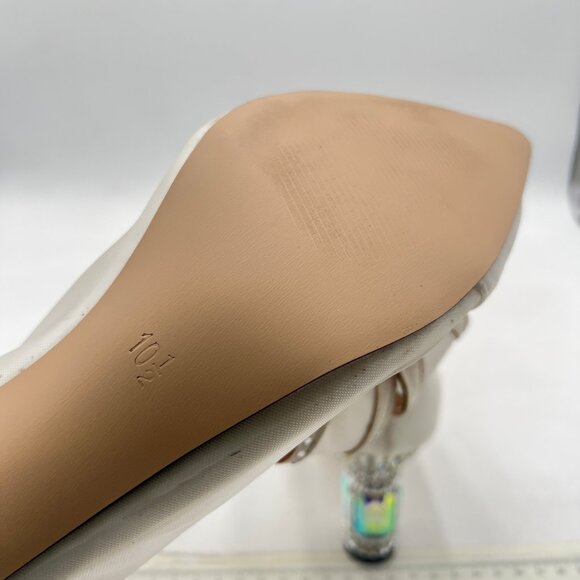 FSJ Ivory Pointed Toe Mesh Bow Crystal Chunky Mid Heel Rhinestones Slip On Pump - Picture 6 of 8